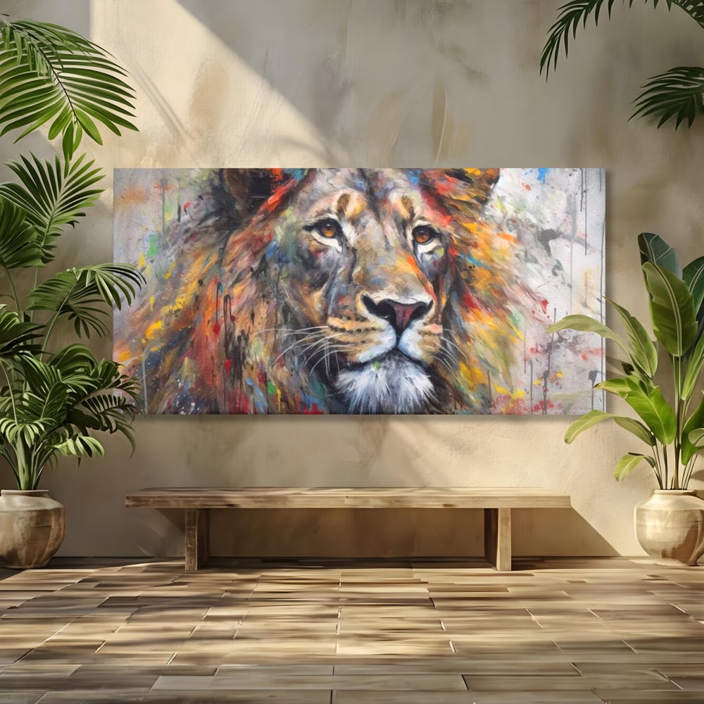 Tablou canvas cu tablou canvas cu leu colorat, fara rama, pe sasiu de lemn